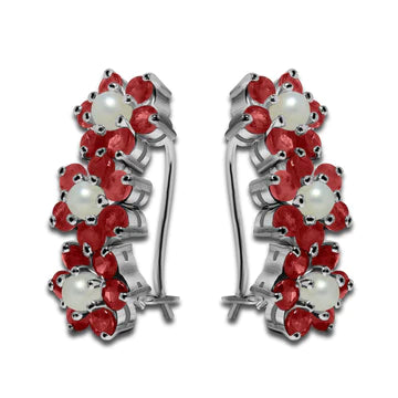 Red floral earrings with pearl centres