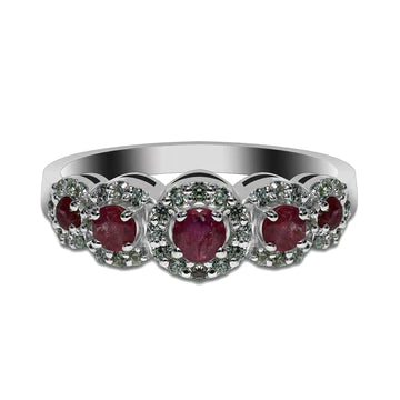 Ruby-coloured gemstone ring with halo settings