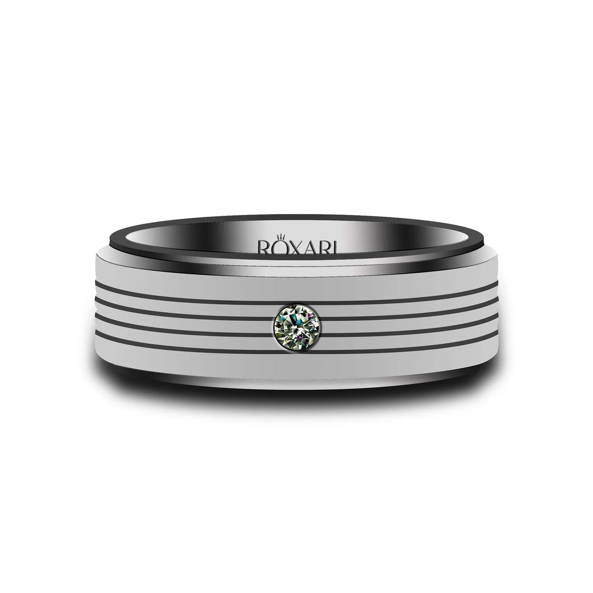 Grooved wedding band with a central stone