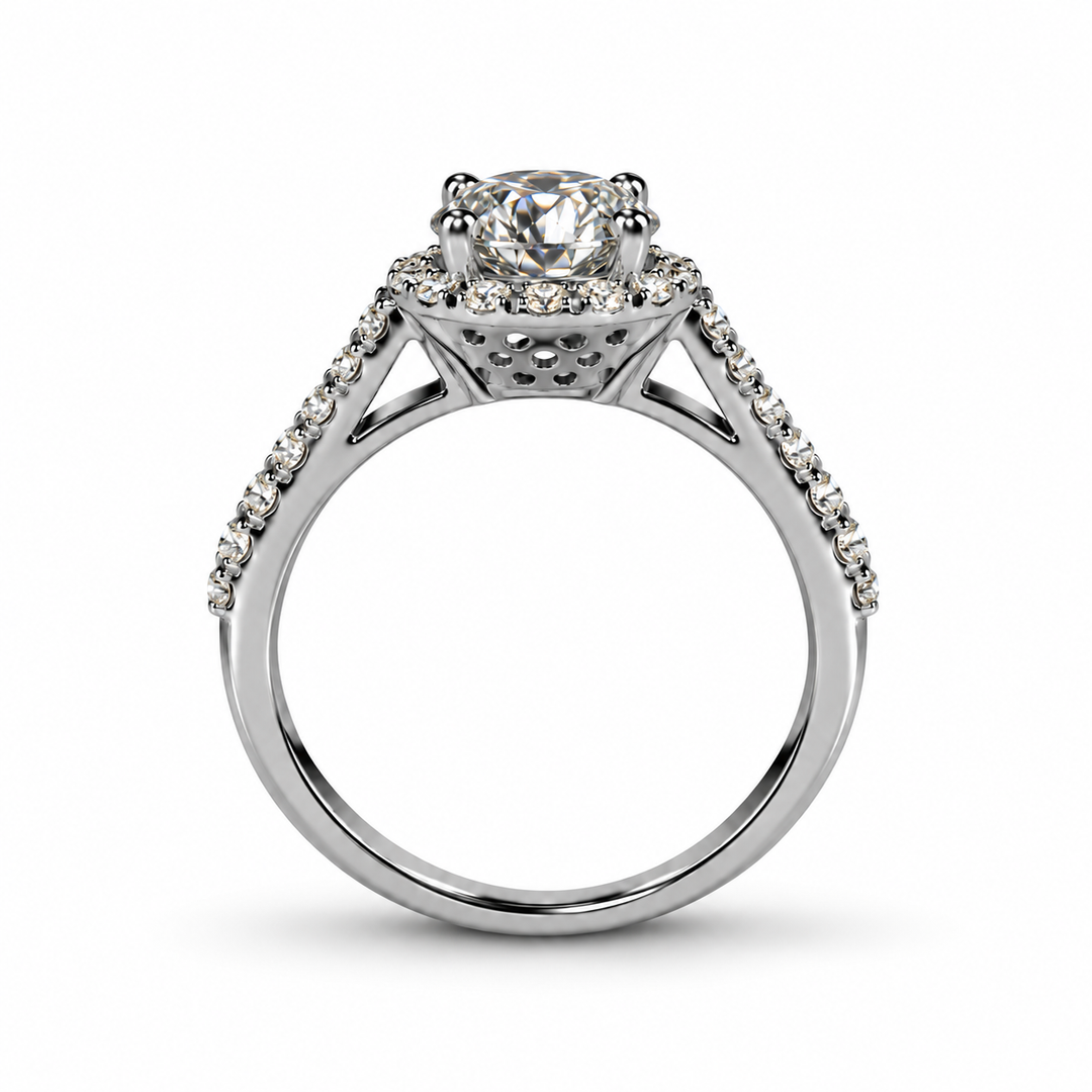1 Carat Moissanite Eternal Halo Ring shown in side profile