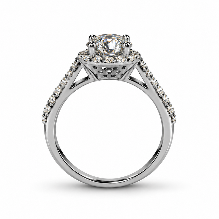 1 Carat Moissanite Eternal Halo Ring shown in side profile