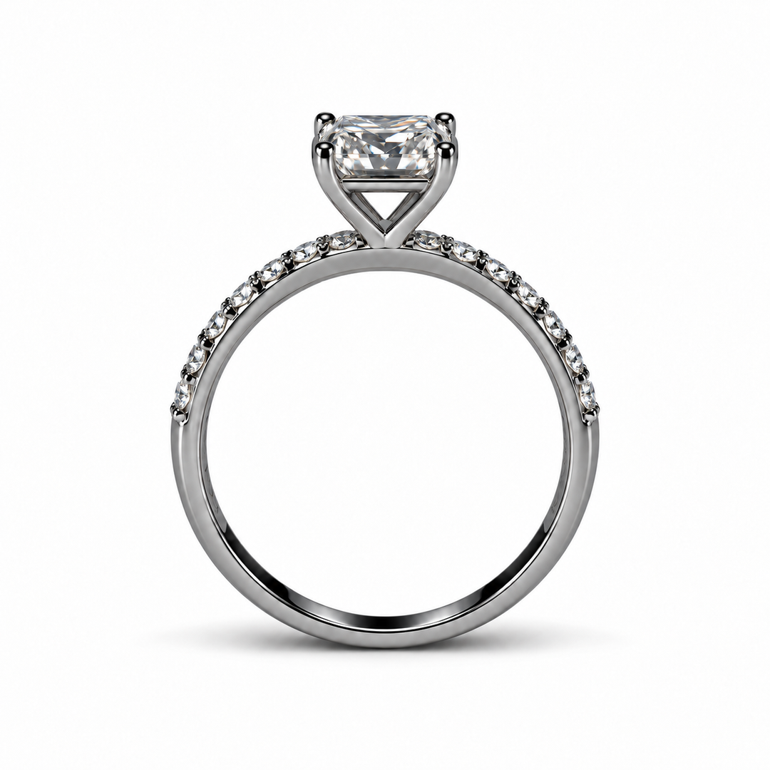 1 Carat Asscher cut Moissanite Orion Blink Ring shown in side profile