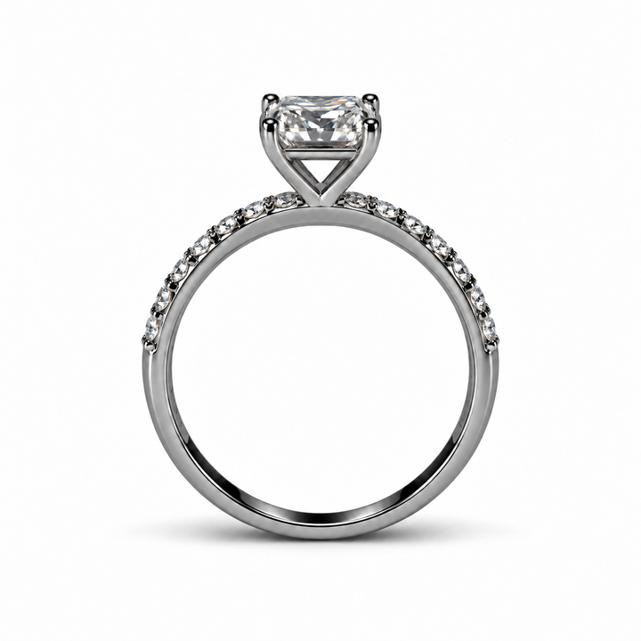 1 Carat Asscher cut Moissanite Orion Blink Ring shown in side profile