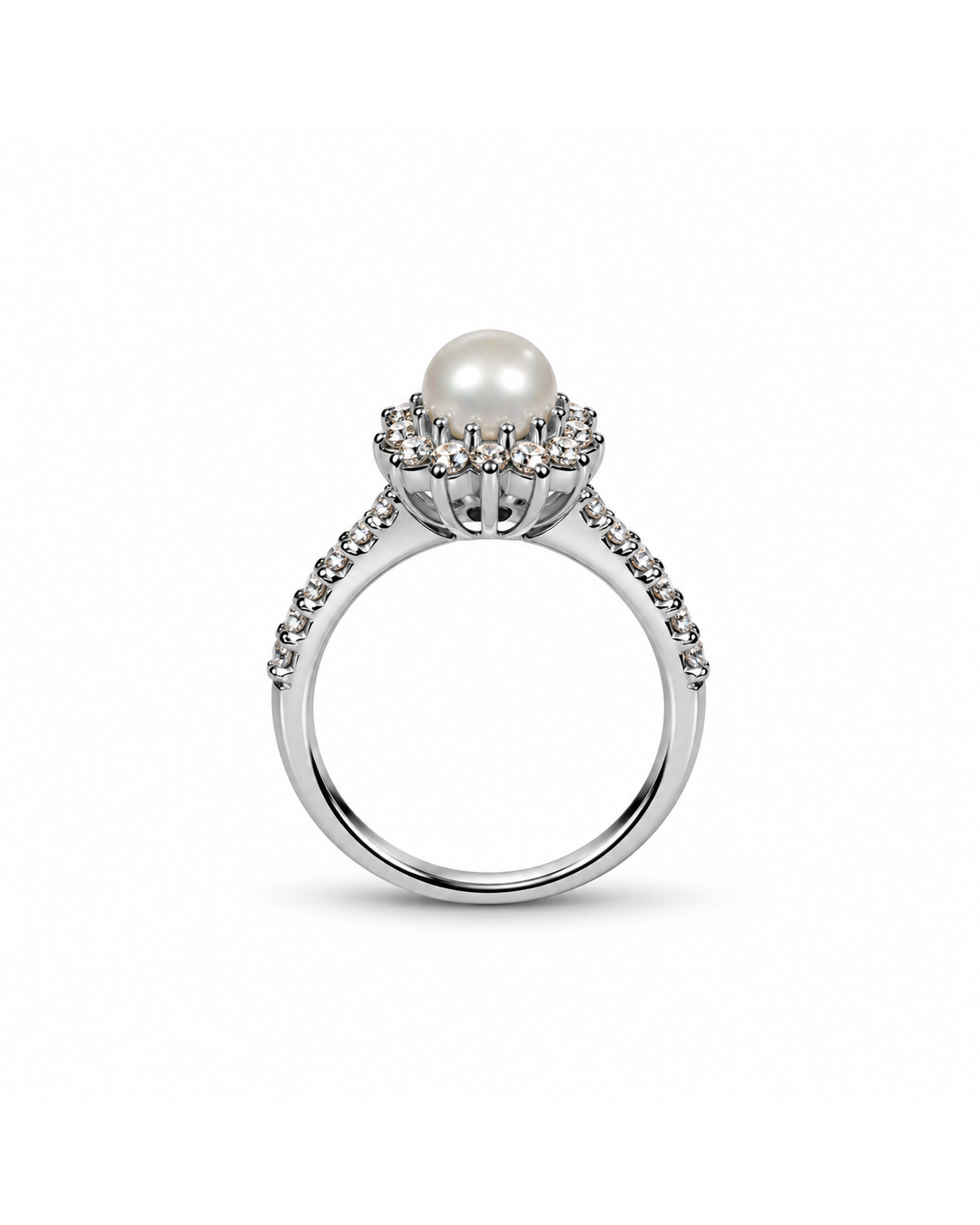 The Camellia Pearl Ring shown in side profile