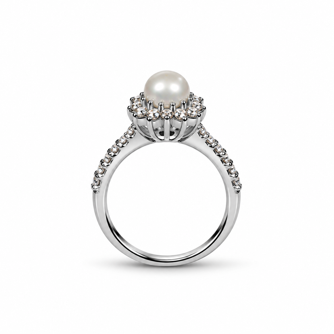 The Camellia Pearl Ring shown in side profile