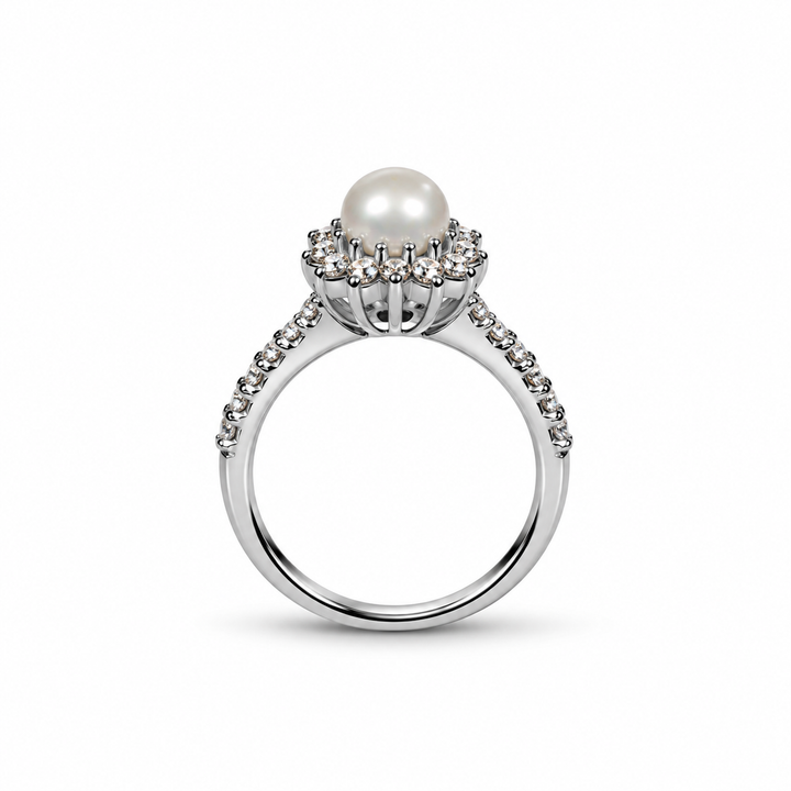 The Camellia Pearl Ring shown in side profile