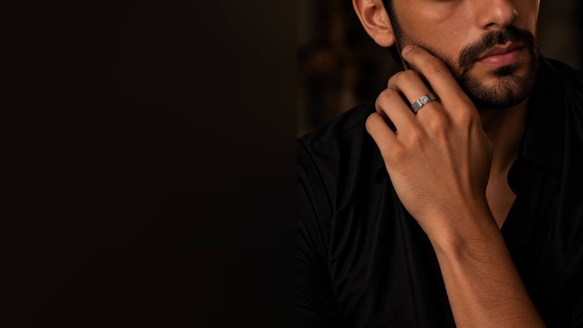 ROXARI men’s 0.5 carat Lumina ring on male model, cinematic desktop slider
