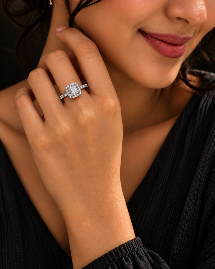 2 Carat Moissanite Velora Sparkle Ring worn by a woman