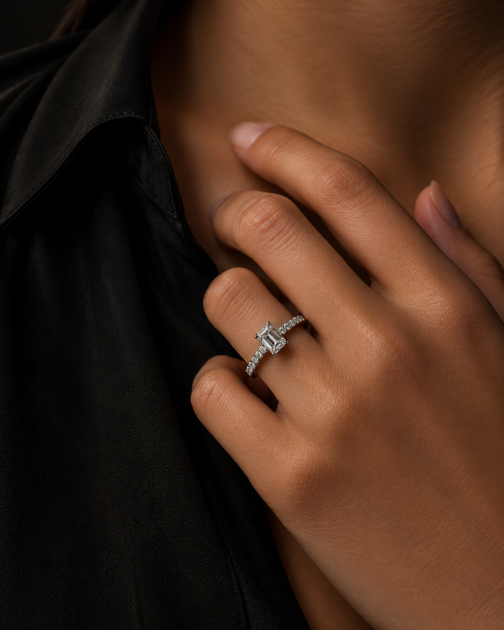 1 Carat Emerald cut Moissanite Linear Majesty Ring