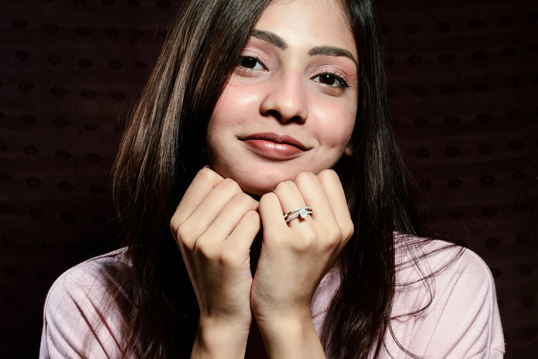 emerald cut moissanite ring with pavé shoulders – premium Pakistani jewelry