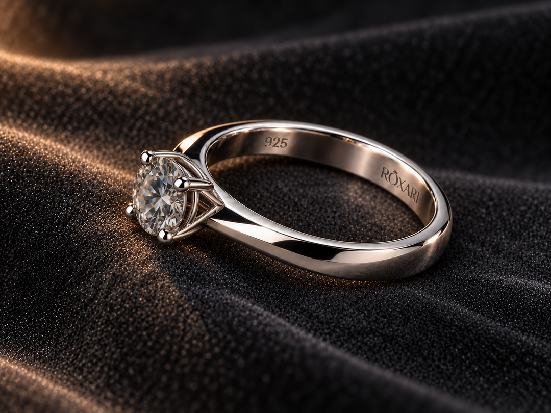 Four-prong silver solitaire ring with subdued stone brightness and recessed 925 engraving on dark velvet