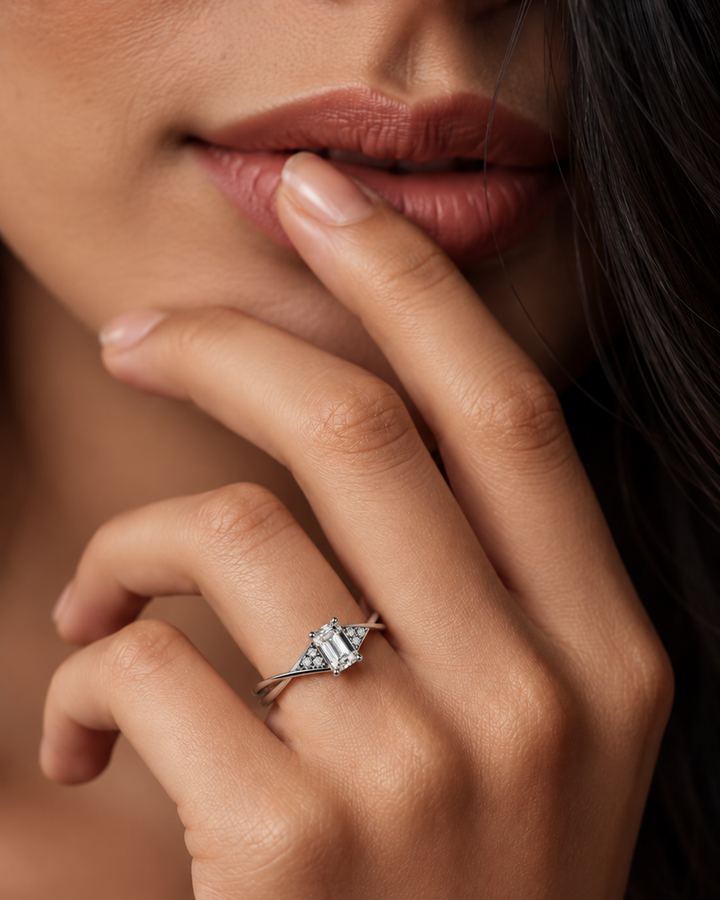 1 Carat Emerald Cut Zenith Spark Ring worn by a woman