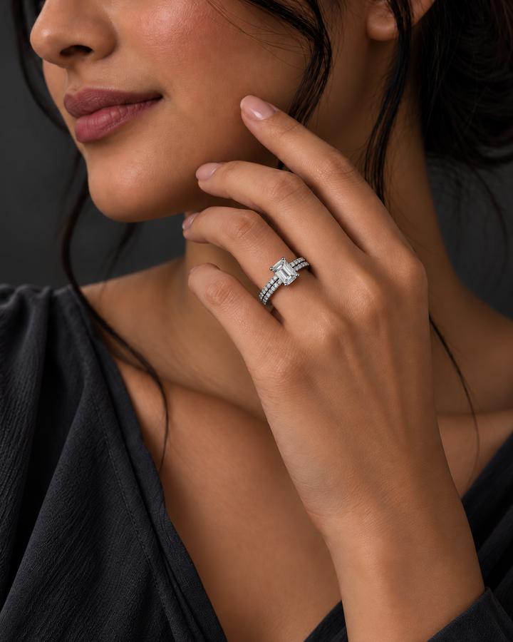 1 Carat Emerald cut Moissanite Infinite Elegance Stackable Ring worn by a woman