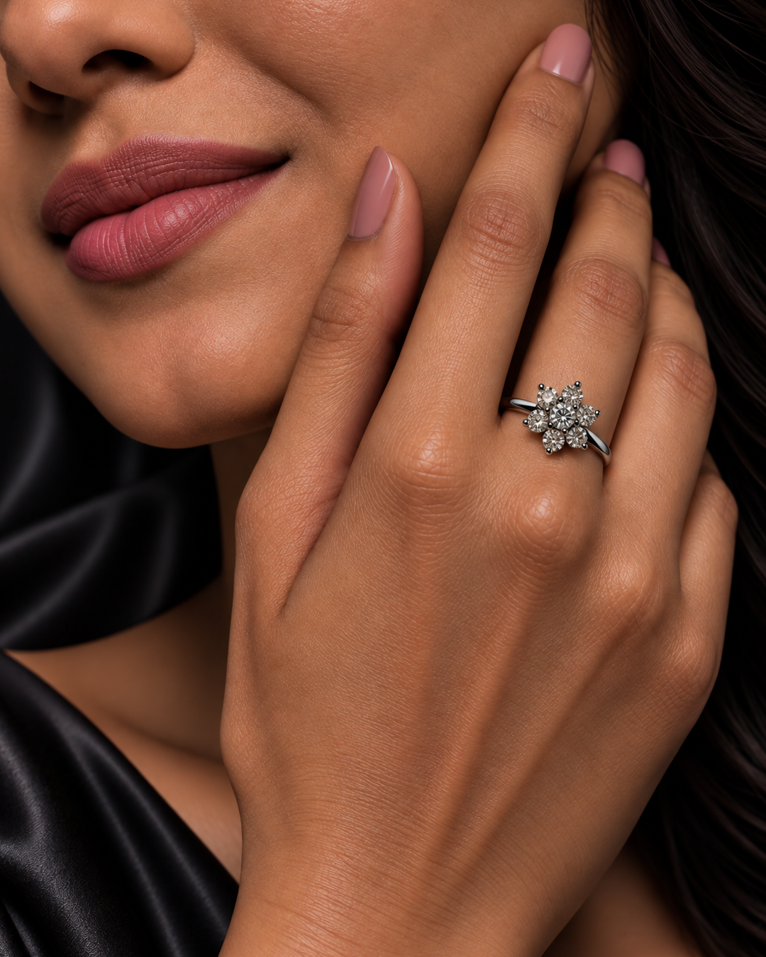The Floral Bloom ring worn by a woman
