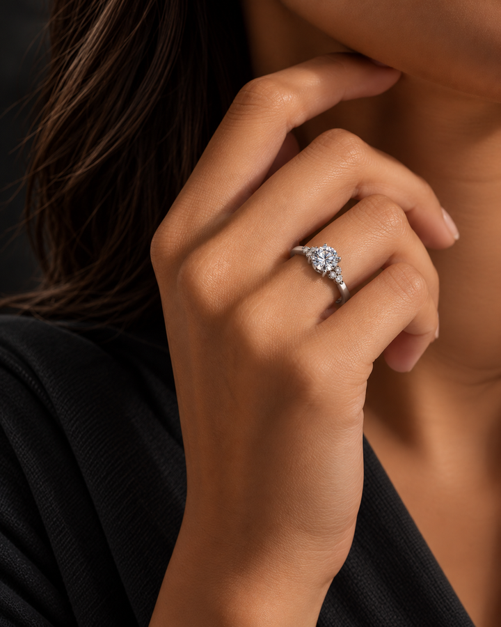 1 Carat Moissanite Moonlit Grace Ring worn by a woman